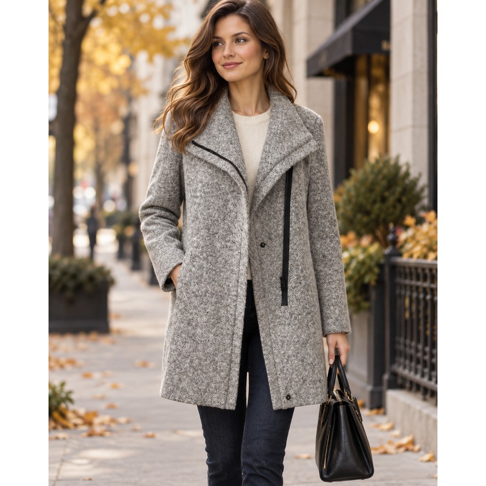 Andrew Marc Wool Blend Asymmetrical Zip Funnel Neck Coat Gray Size L Old Money